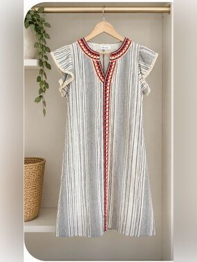 THML Boutique Striped Midi Dress with Red & Navy Trim Small H-10